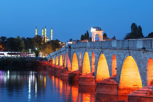 Bridge above Meric River and Selimiye Mosque in Edirne, Turkey